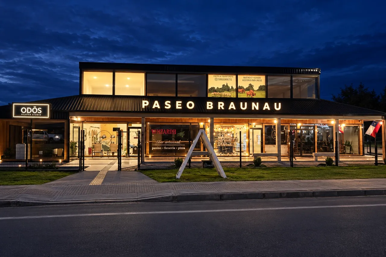 Fachada del Paseo Braunau iluminada de noche, en Nueva Braunau